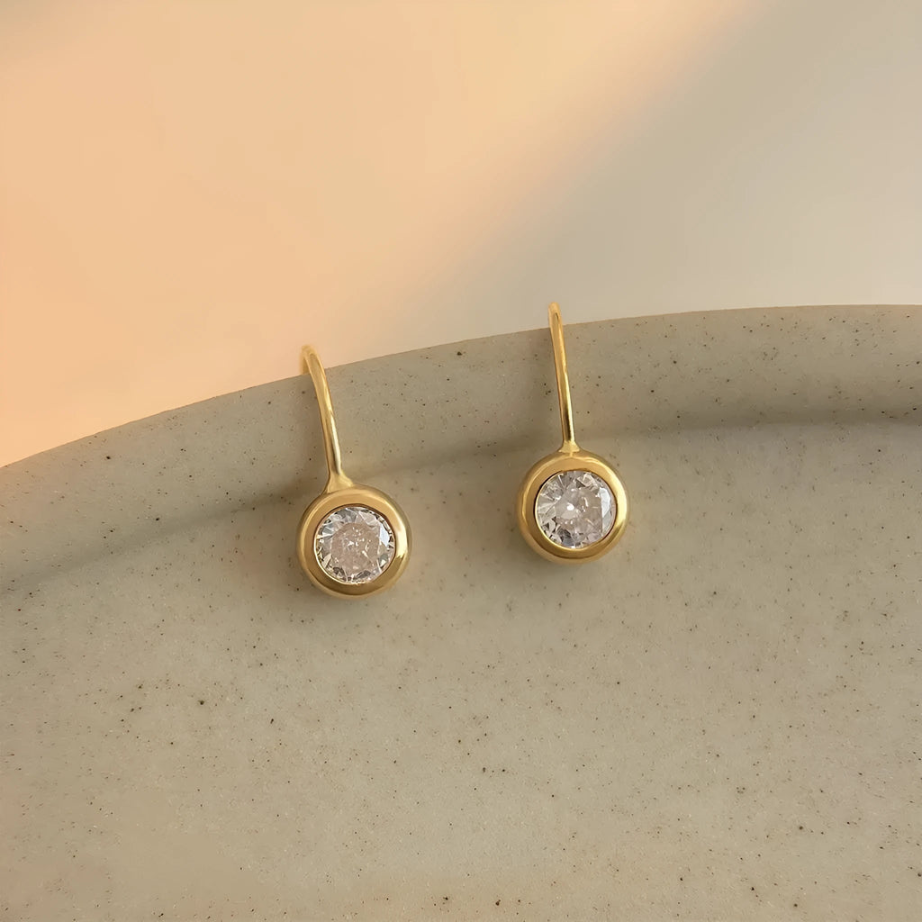 Simple round zircon earrings on display, geometric shape, light luxury style for women