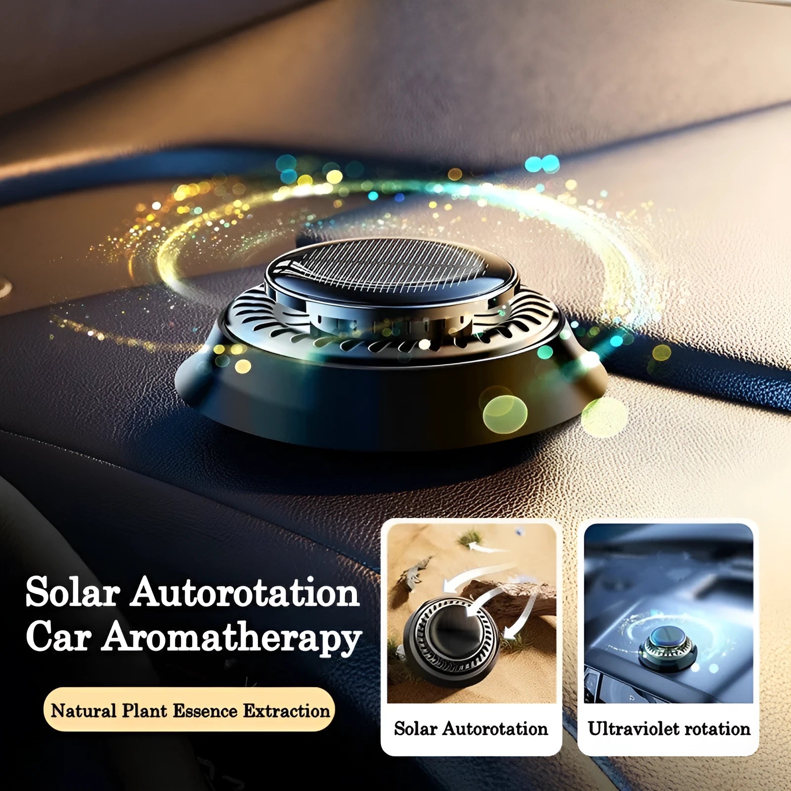 Solar-powered kinetic car air freshener with double rotating rings and plastic housing