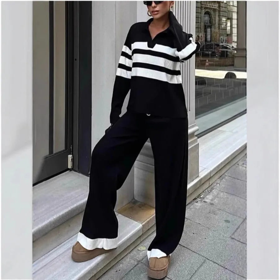 Women's black and white striped polo collar knitted shirt with contrasting trousers two-piece set