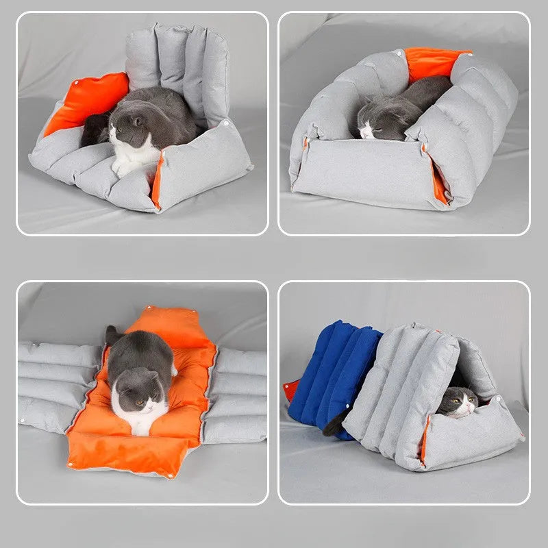 Triangular cat bed with blue removable cotton cover showing combination holes