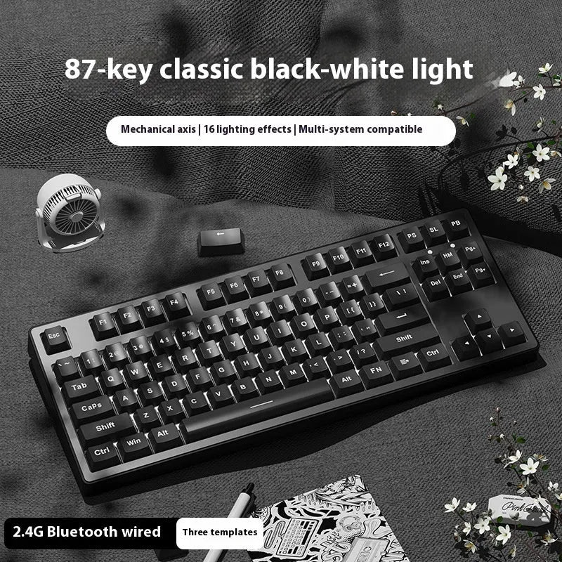 Wireless mechanical keyboard with three connection modes, shown in a choice of 87-key or 108-key layouts and various colour themes.