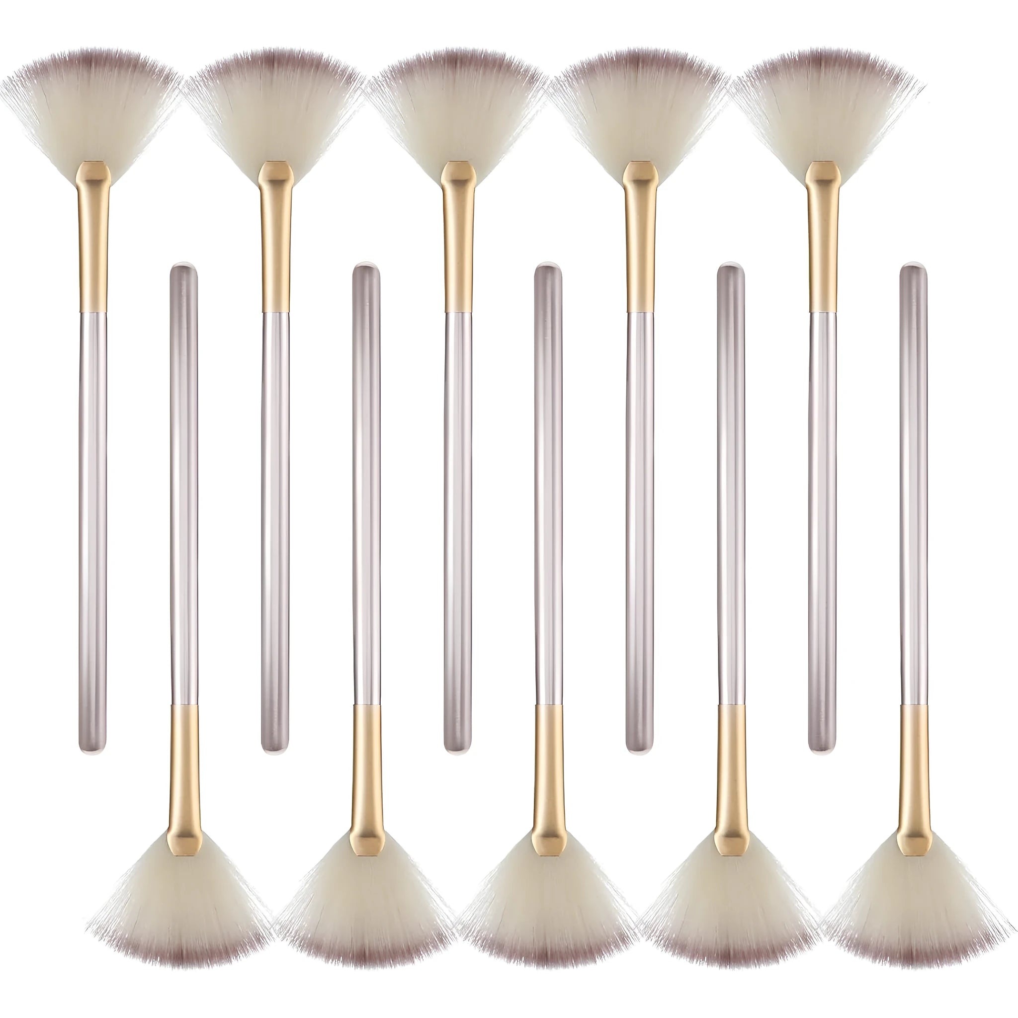 Ten champagne-coloured acrylic handle fan brushes with soft fibre bristles and individual clear protective covers.