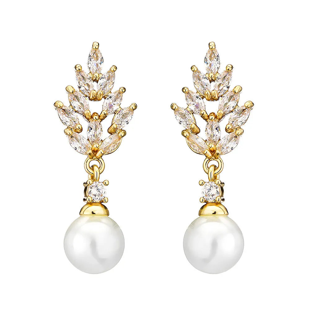 Geometric shaped floral earrings with micro zircon inlays, shown in a gold-tone plated finish.