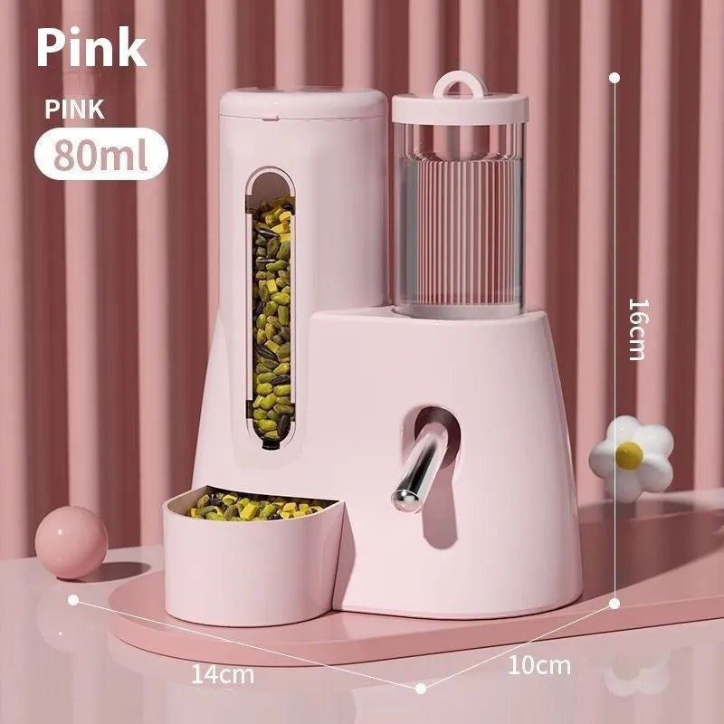 White, blue, and pink hamster automatic water feeder and food basin set on a white background.