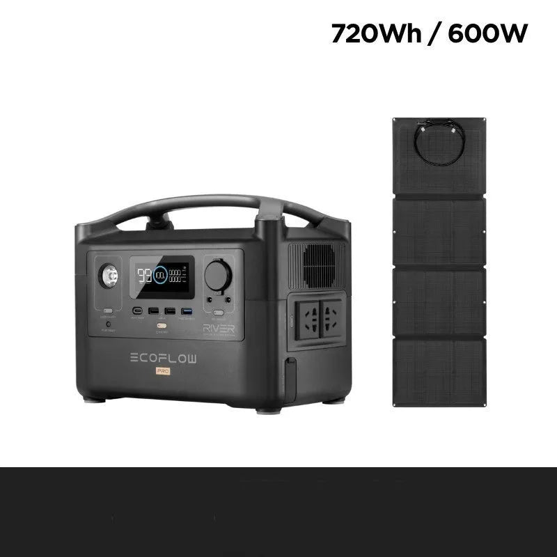 RIVER Pro 720Wh portable power station with multiple charging ports and solar panel compatibility