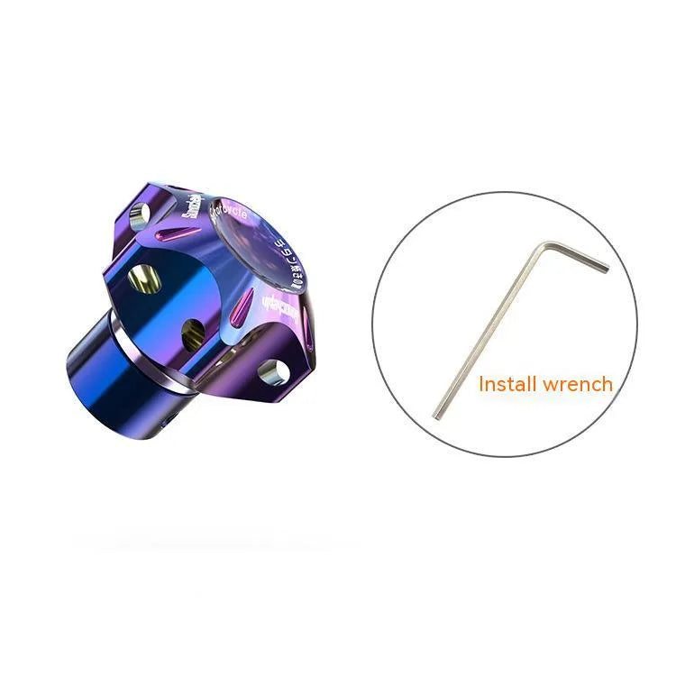 T6 aluminium motorcycle key cover in hexagonal, pentagram, and plum blossom designs with blue and white keychain.