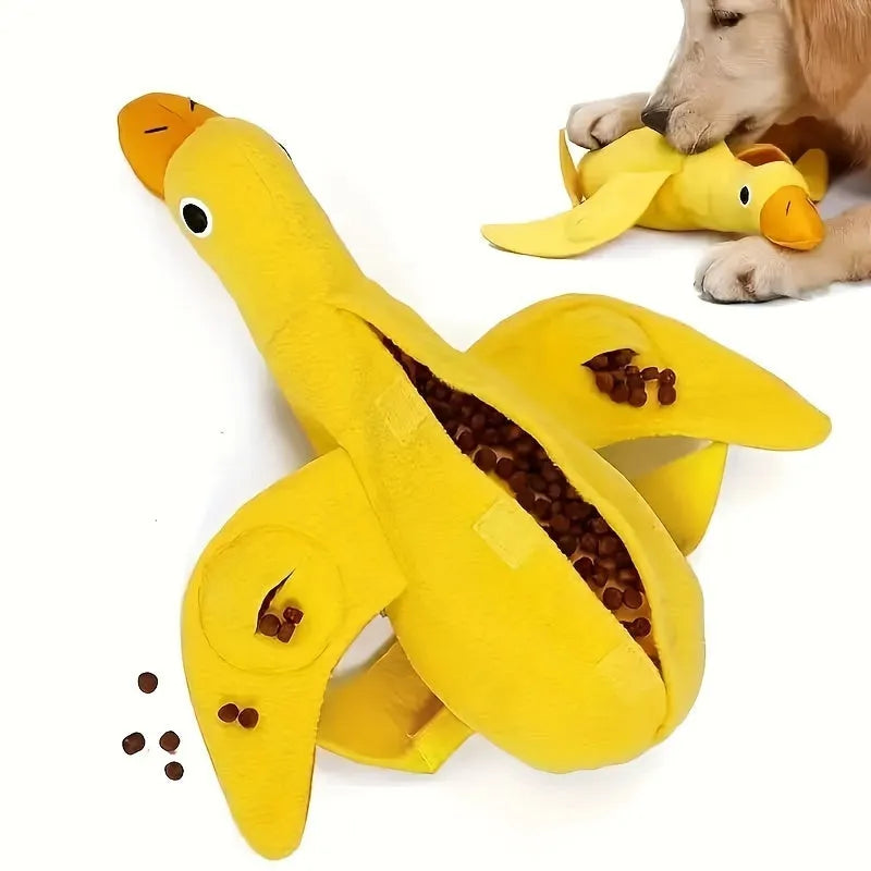 Yellow teddy bear dog toy with duck sound and treat compartments for training