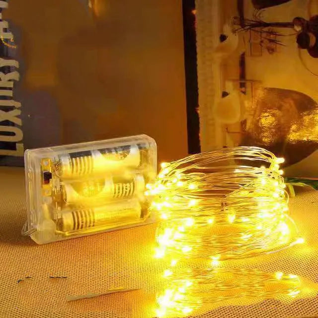 12 metre copper wire string light with battery box and 120 LED bulbs in multiple colour options