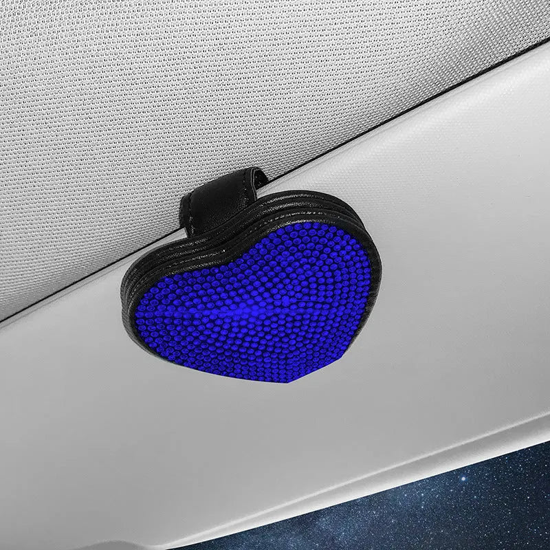Diamond-encrusted PU leather car sun visor clip with magnetic closure for storing glasses and tickets.