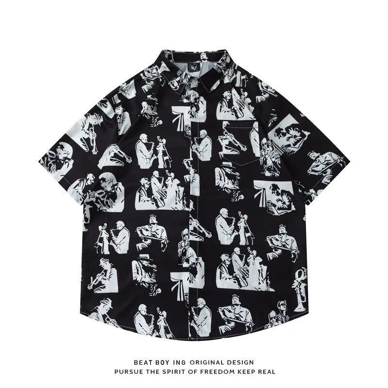 Man's loose-fit short sleeve shirt with a full floral print, styled as an open cardigan.