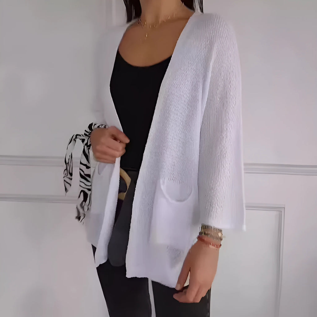 Women's thin waffle knit cardigan coat with nine-quarter sleeves and front pockets in army green.
