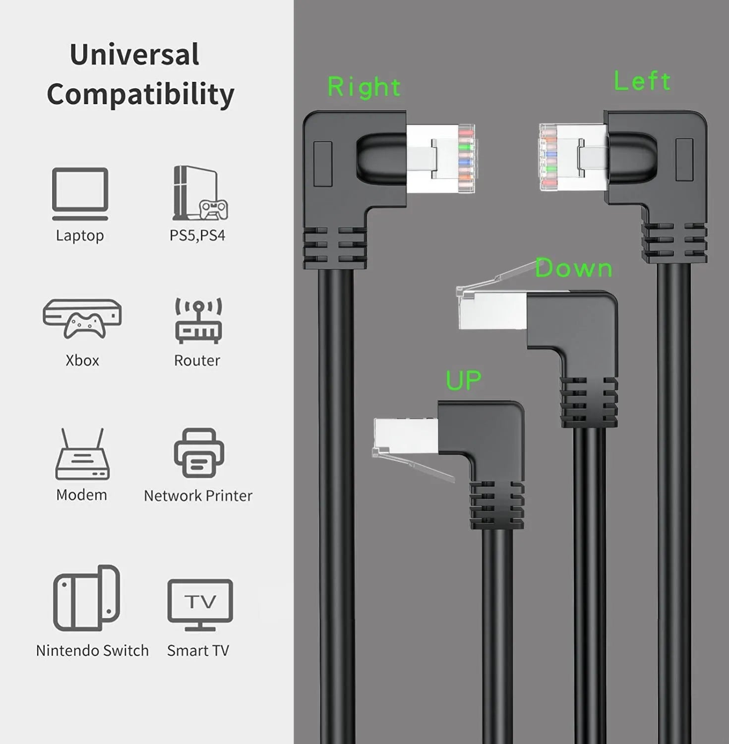 Cat6 Ethernet cable with angled RJ45 connectors in various colours and lengths on a grey background