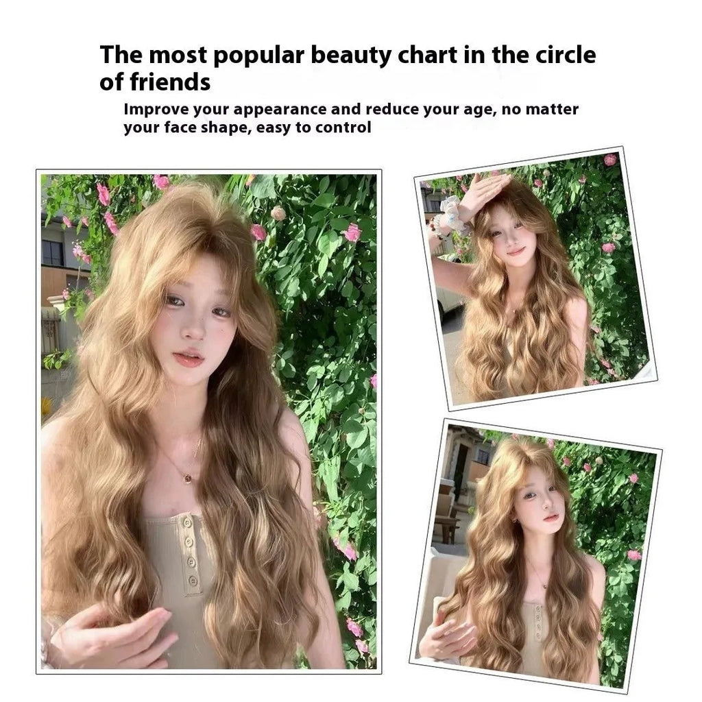 Linen brown medium length curly synthetic wig with hair net