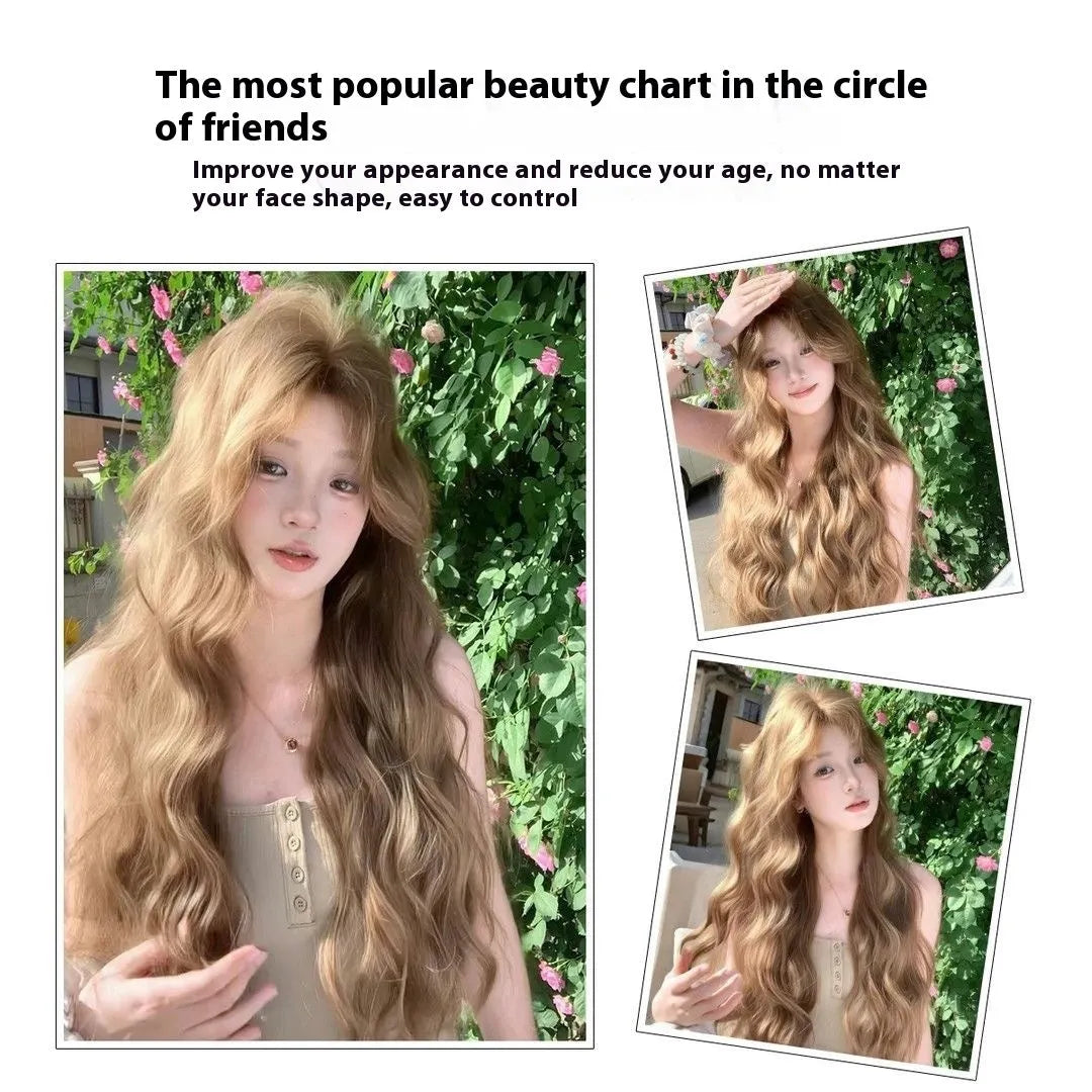 Linen brown medium length curly synthetic wig with hair net