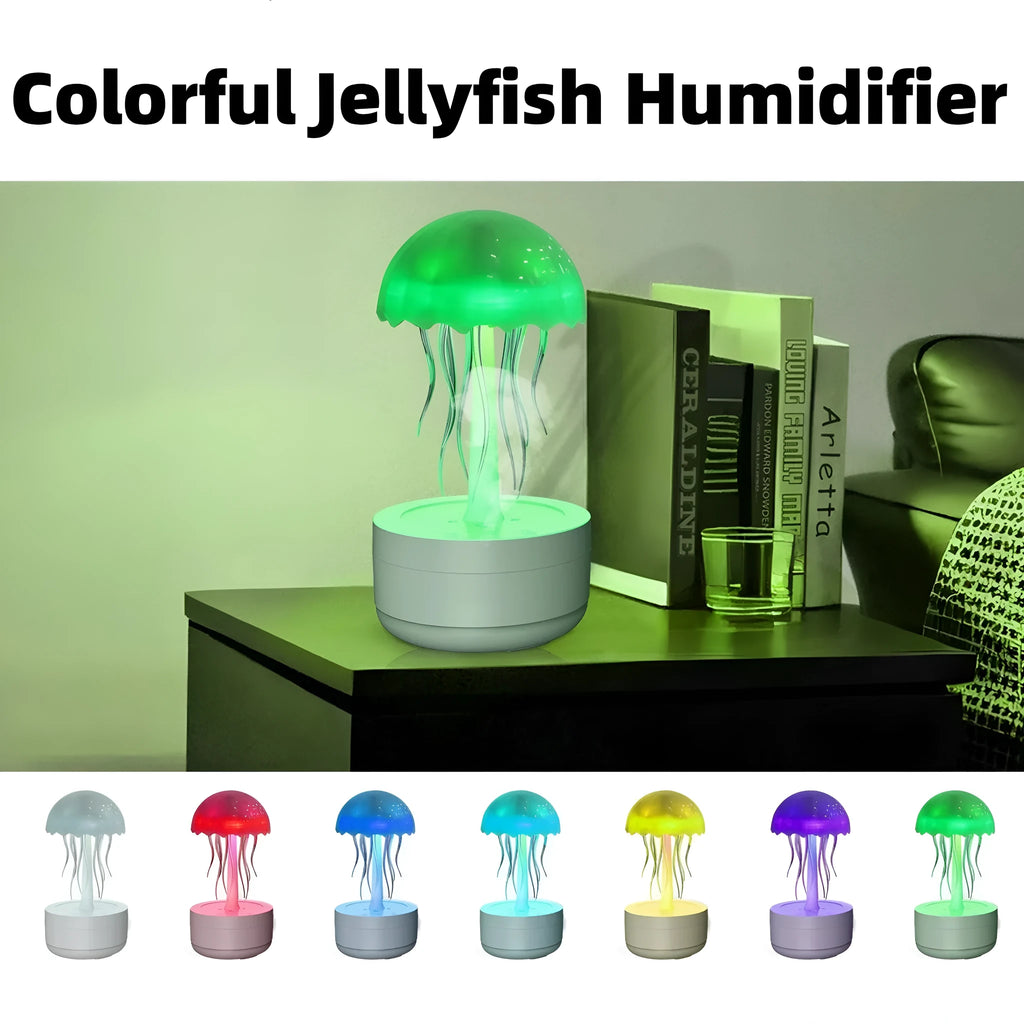 White jellyfish-shaped desktop humidifier and essential oil diffuser with colourful night light on.