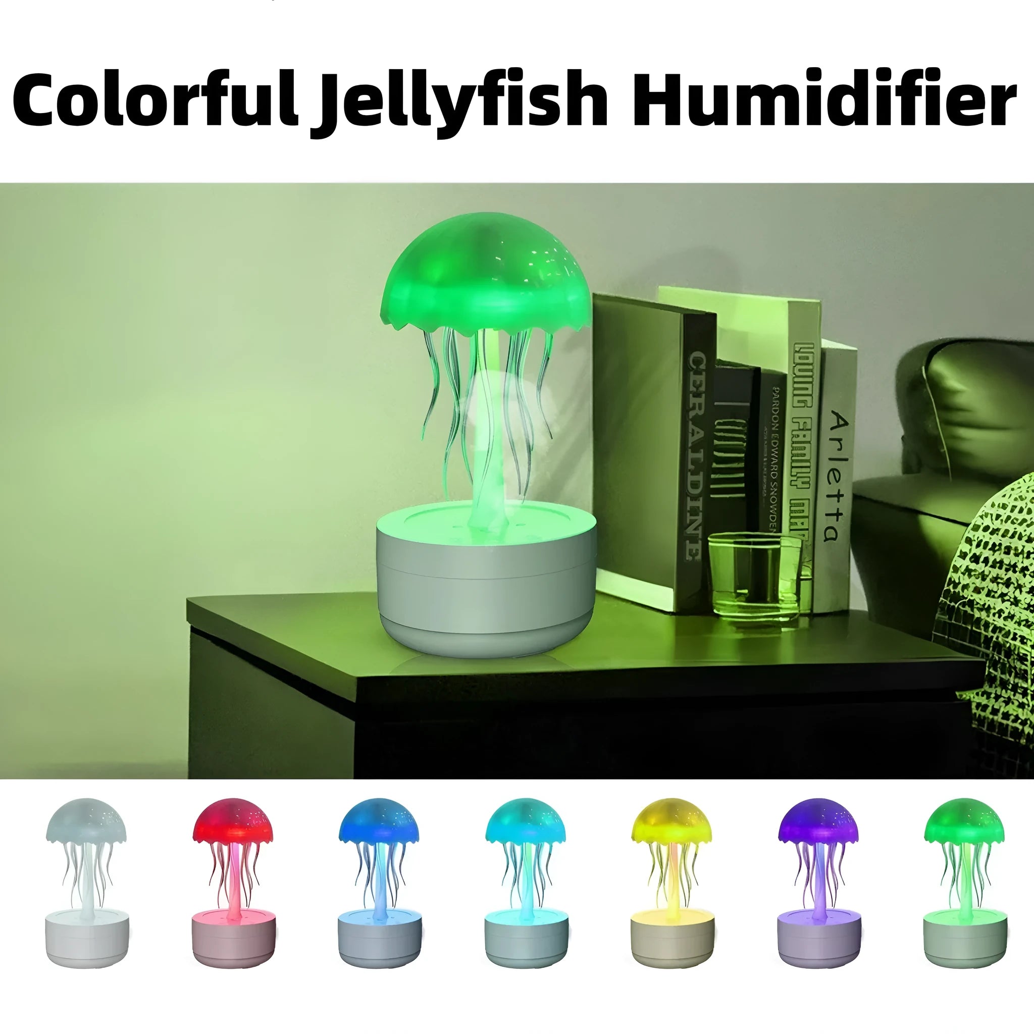 White jellyfish-shaped desktop humidifier and essential oil diffuser with colourful night light on.