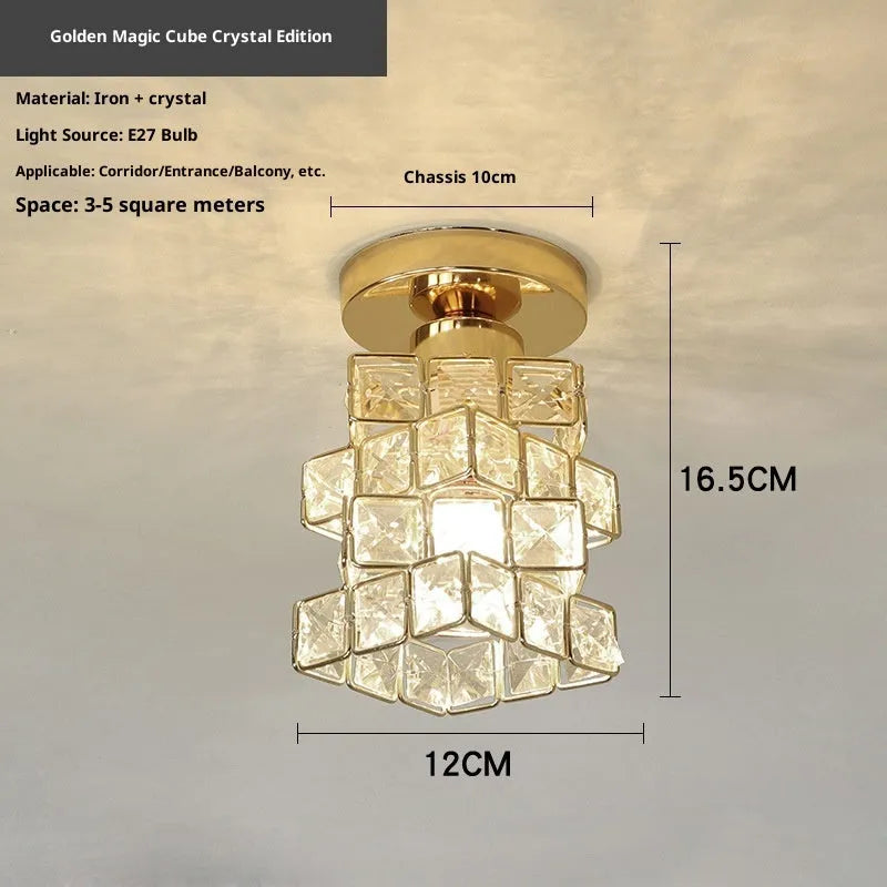 Modern minimalist balcony ceiling lamp with LED three-colour light and gold crystal finish on white ceiling