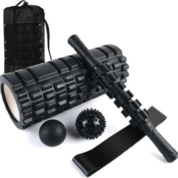 Black six-piece foam roller massage bar set with 33cm shaft for fitness and health massage