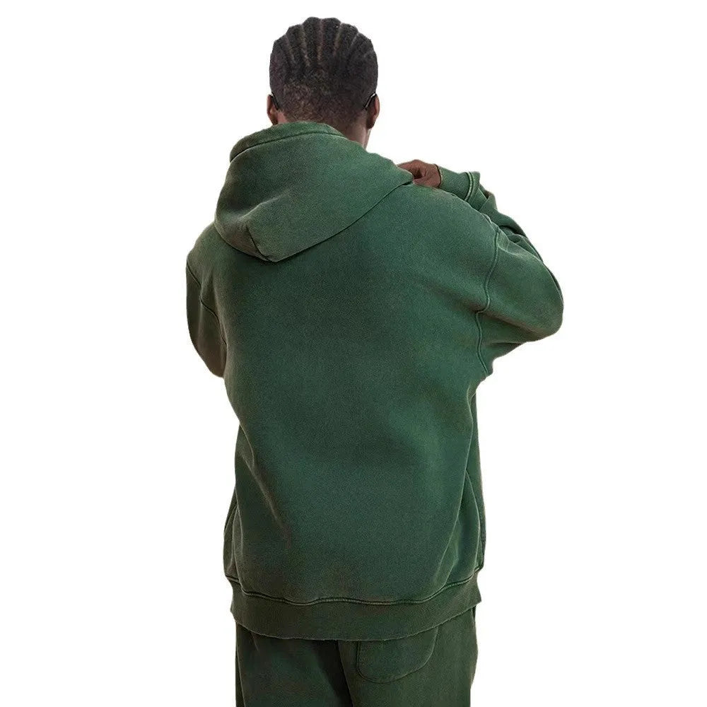 Men's vintage-style dark green fleece-lined hooded cardigan with a double zip front.