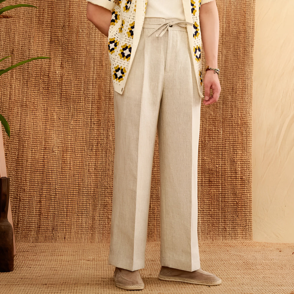 Linen straight-leg trousers with elasticated high waist in navy blue, white or greige colours