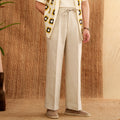 Linen straight-leg trousers with elasticated high waist in navy blue, white or greige colours