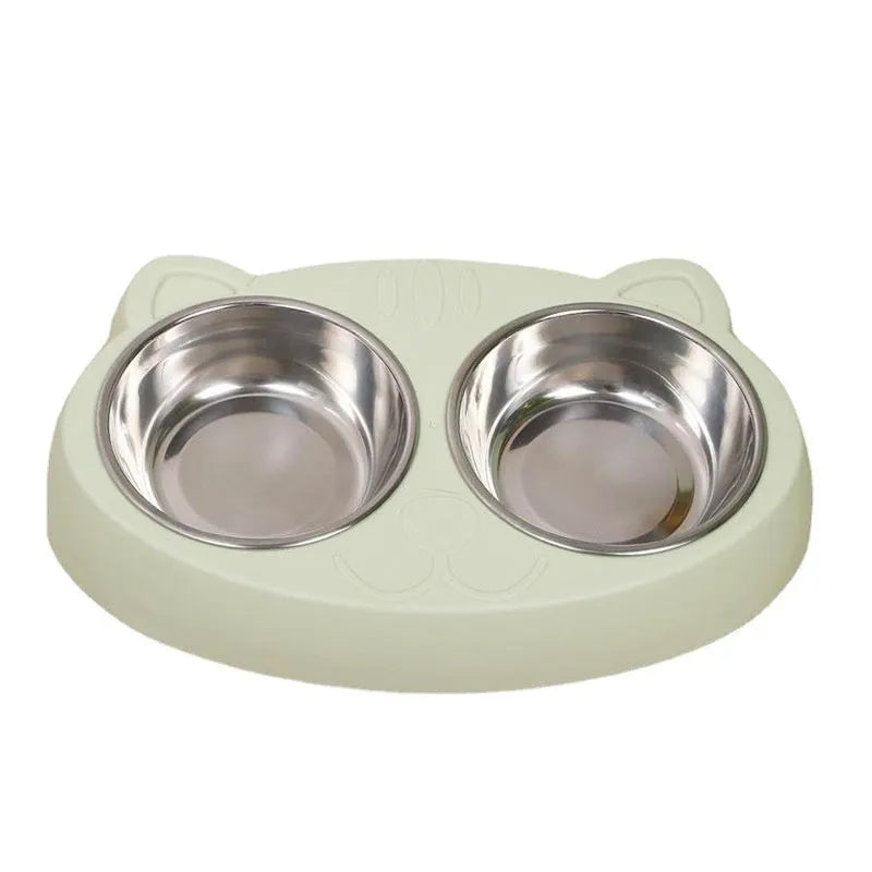 Stainless steel cat face bowl for feeding cats, available in blue, green, and pink