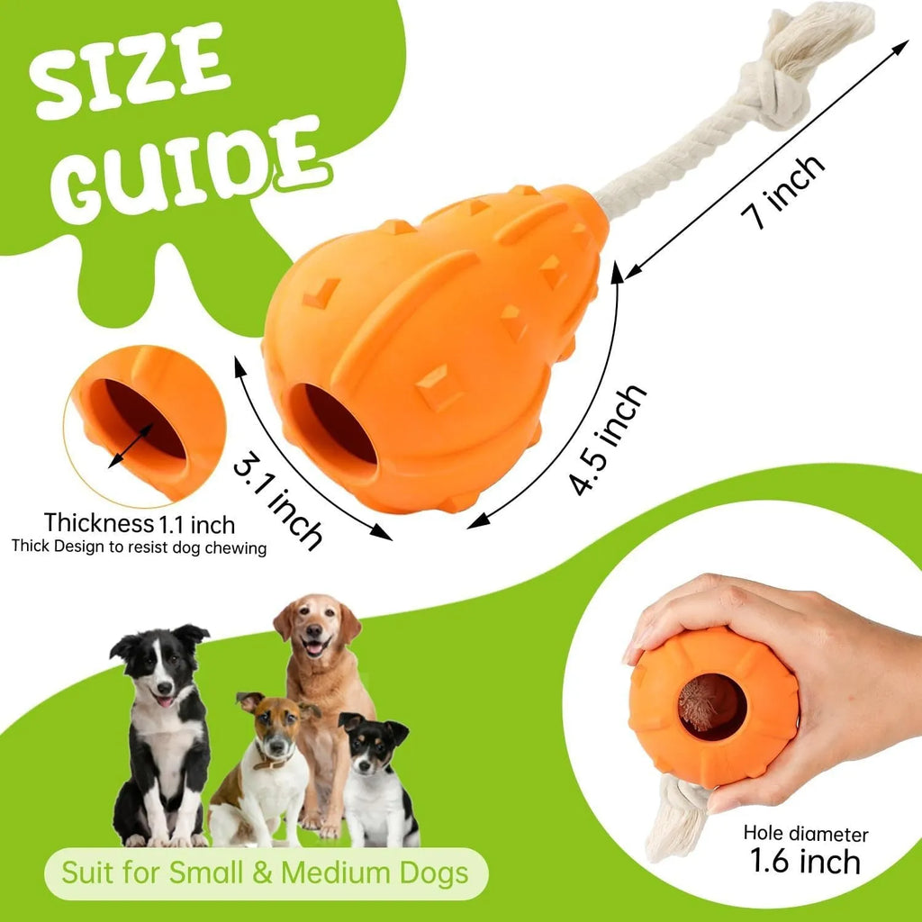 A long, brown, natural rubber stuffable dog toy for small medium breeds, shown with a treat inside.