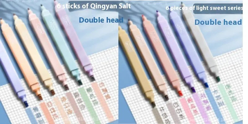 Set of double-headed fluorescent marking pens showing fine and broad tips, in mixed colours.