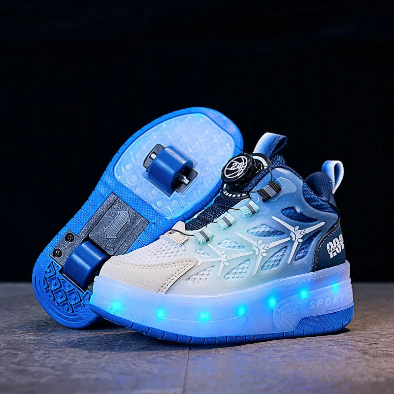 Children's roller skates with twist-button closure in striped pattern design