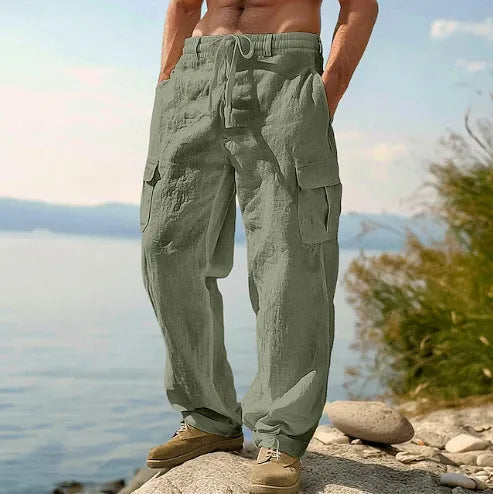 Men's cotton wide-leg casual trousers in solid colour with elastic mid waist