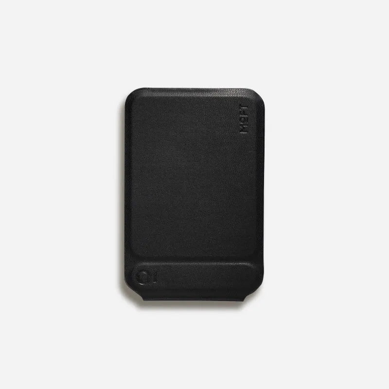Magnetic mobile phone holder and case in leather with built-in stand, shown in grey.