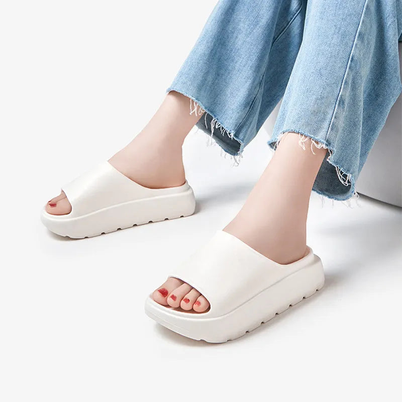 Women's beige fish mouth open-toe slippers with a thick 5.5cm light-coloured EVA sole.
