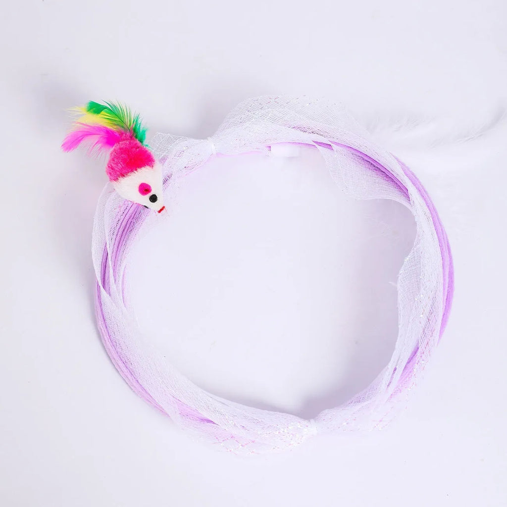 S-type collapsible cat tunnel toy with feather attachments on a steel wire and elastic net frame.