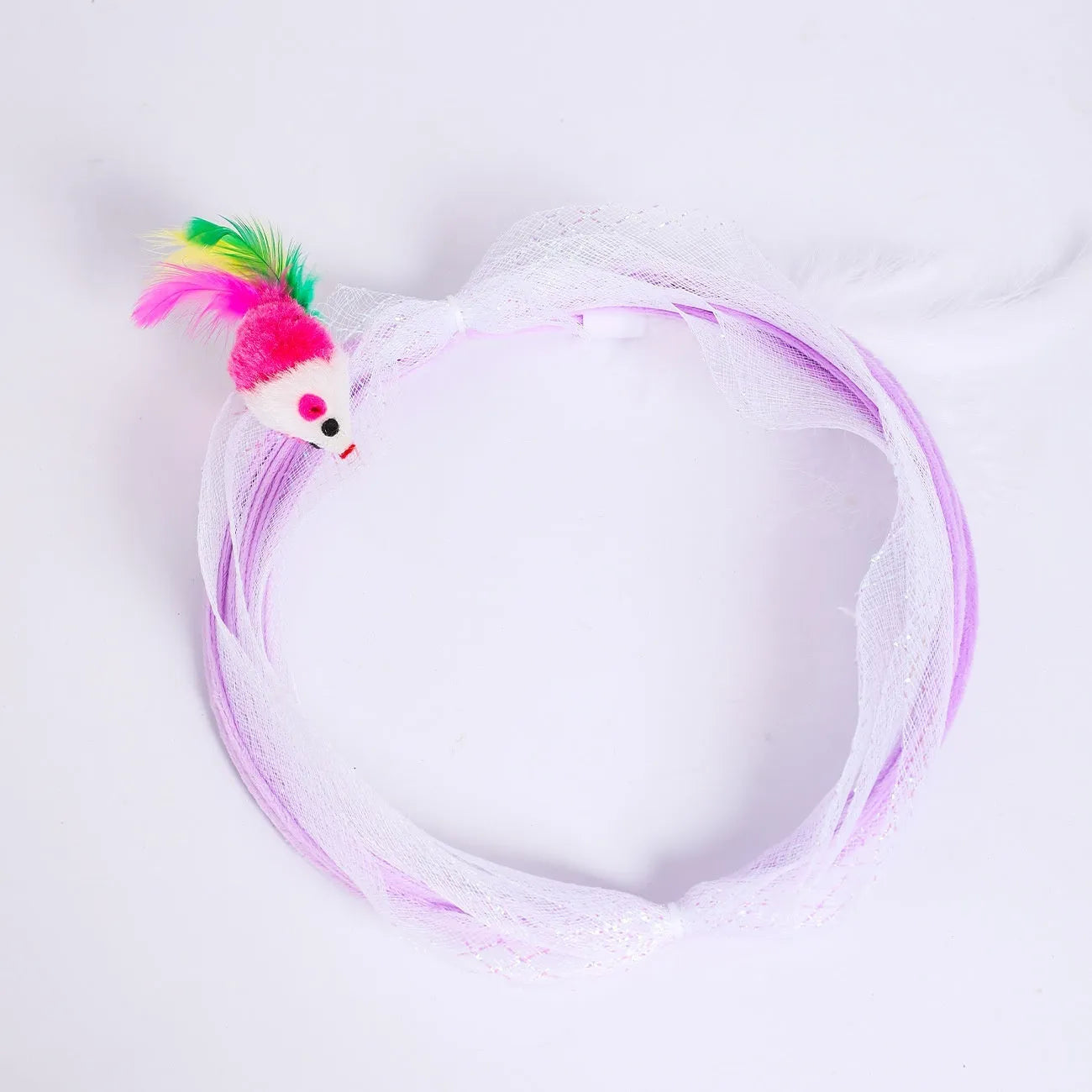 S-type collapsible cat tunnel toy with feather attachments on a steel wire and elastic net frame.