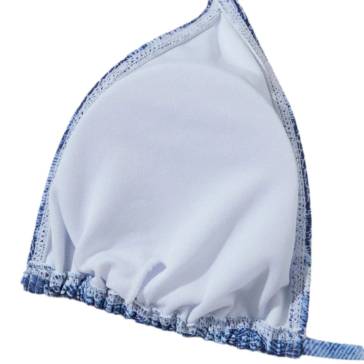 Denim blue printed women's bikini set with strap design on a model, showing front and back.