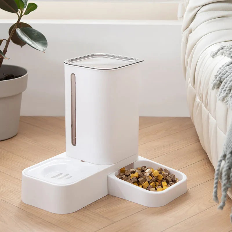 Pet automatic water storage double plastic bowl in grey, side view, 32x31x32cm