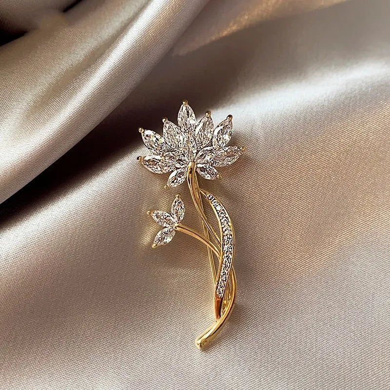 Alloy brooch in natural flower shape with electroplated finish, featuring adjustable and anti-exposure pin closure for women's coats and suits.