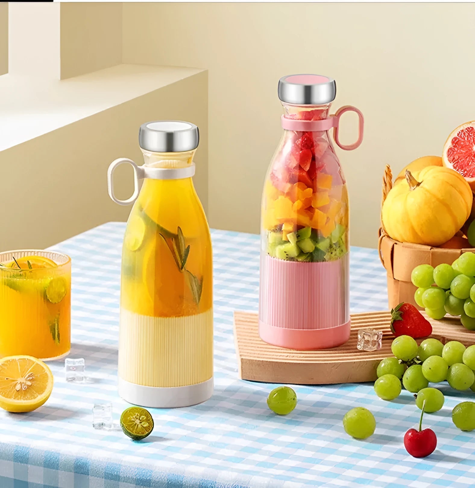 Portable USB charging juice cup blender with four cutter heads in blue colour