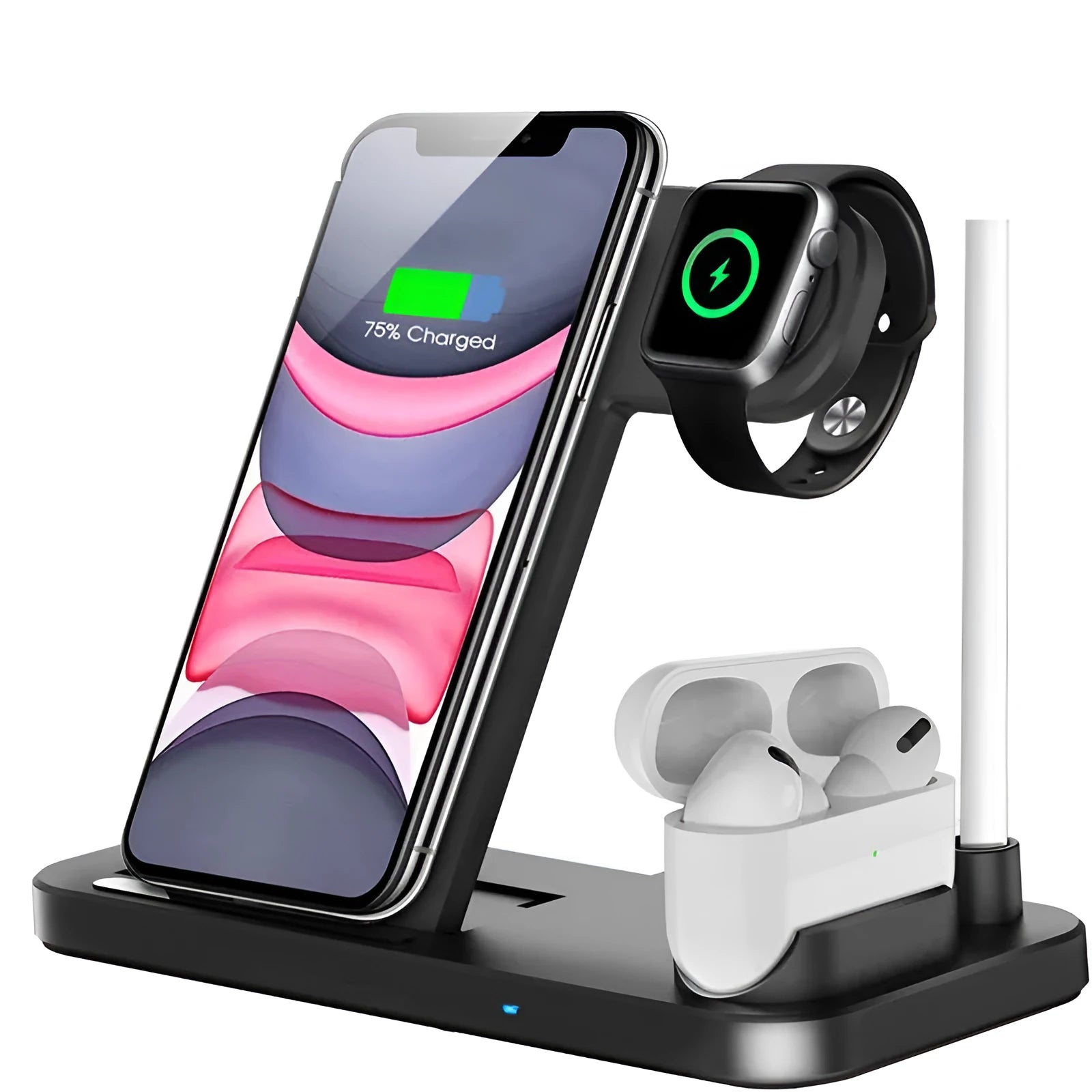 Black folding 4-in-1 wireless charger with vertical stand design for Apple devices