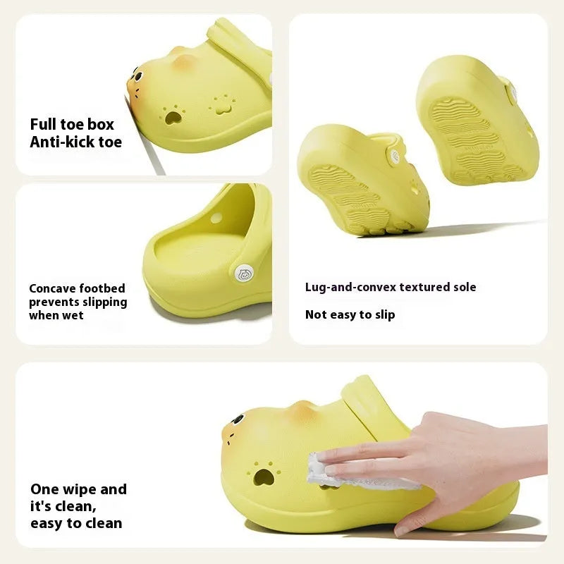 Children's closed toe slippers in grey brown, pink, and yellow, EVA foam, cartoon paradise style, sizes 130 to 180