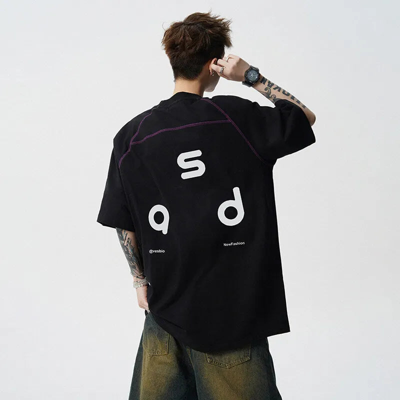 Cotton letter print short-sleeve T-shirt in loose-fitting design with round neck collar