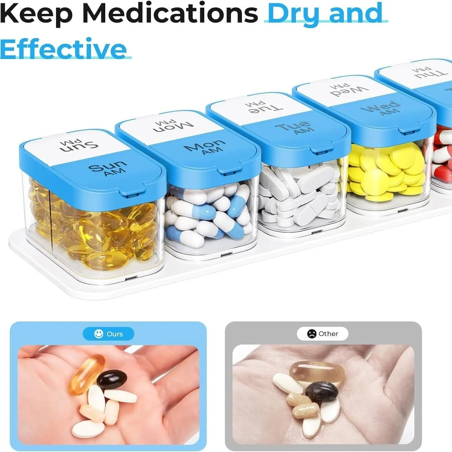 Extra large portable pill box with 14 removable compartments in white or rainbow colour, dimensions 327x65x49mm