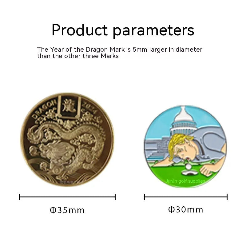 Zinc alloy golf hat clip with engraved pattern options including Dragon Year design