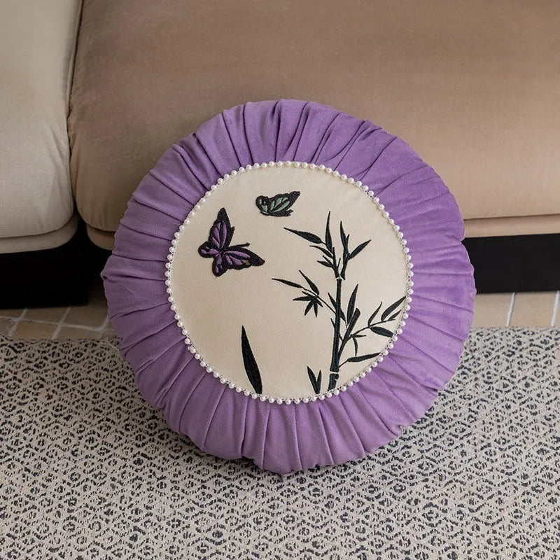 Square butterfly embroidery cushion with Chinese design in beige, black, or purple colours
