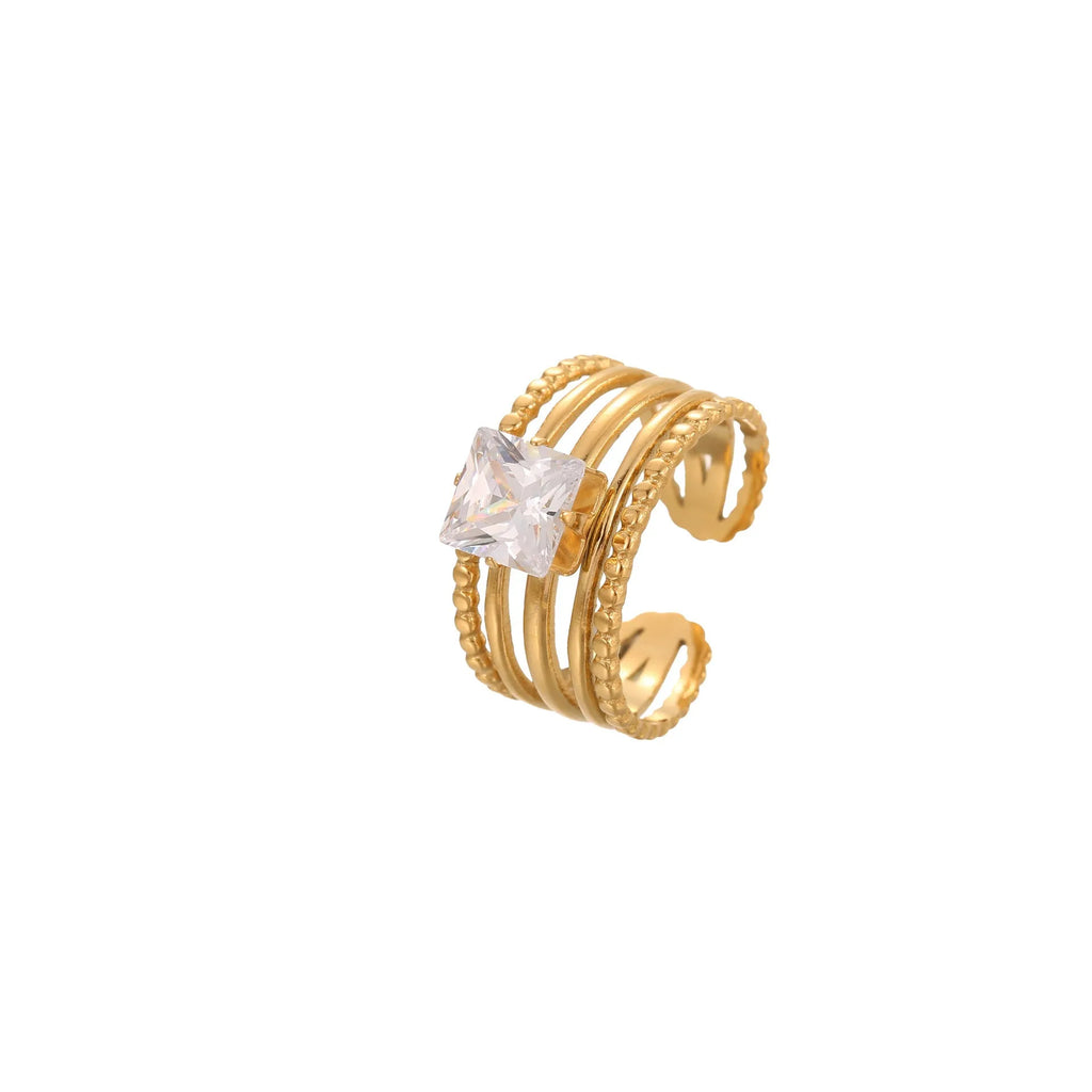 Stainless steel women's ring with gold electroplating and zircon details in geometry design