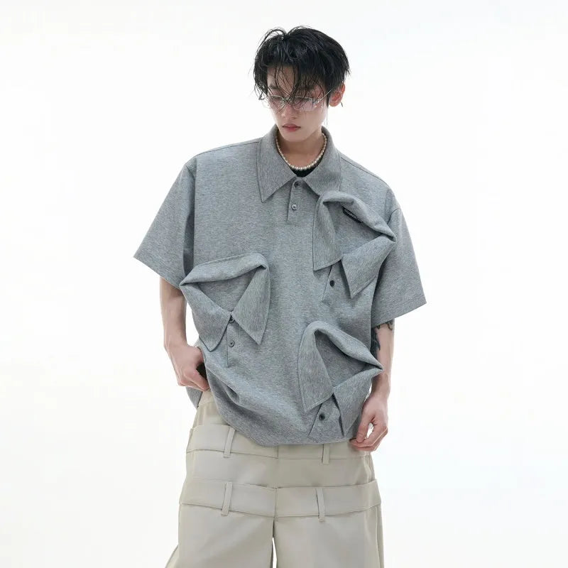Men's deconstructed multi-collar polo shirt with geometric pattern in black, grey or white colours