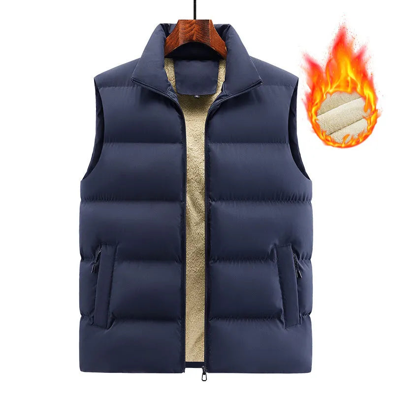 Men's striped lambswool vest in black, shown on a hanger, for autumn and winter wear