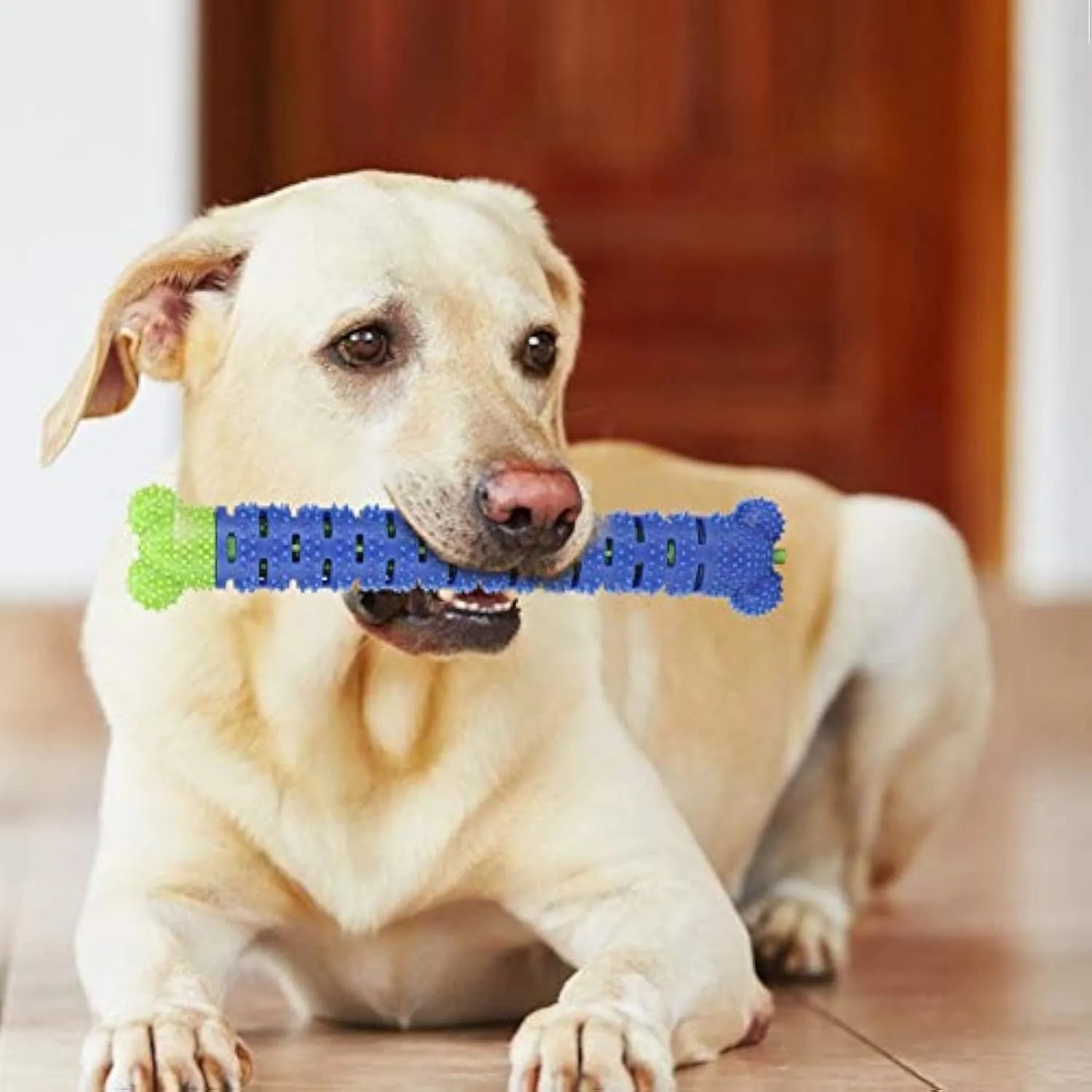 Blue silicone dog molar tooth cleaner brushing stick with serrated head and nodules for dental care