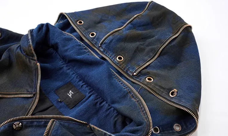 Blue hooded denim vest coat and matching trousers two-piece Korean style outfit