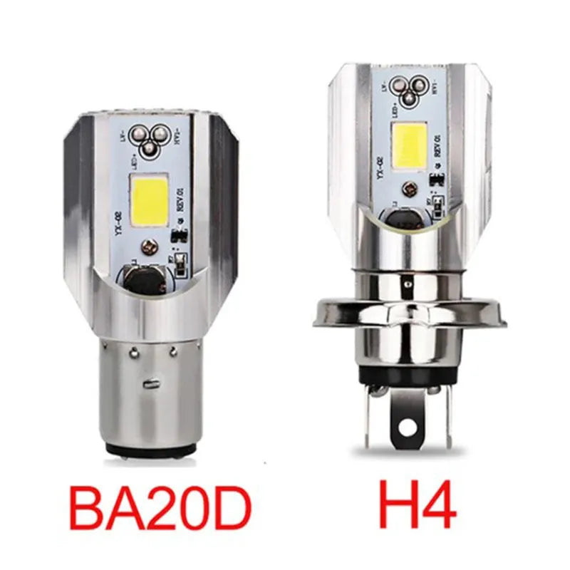 Motorcycle LED headlight with double claw H6 base and aluminium construction for 12-80V vehicles